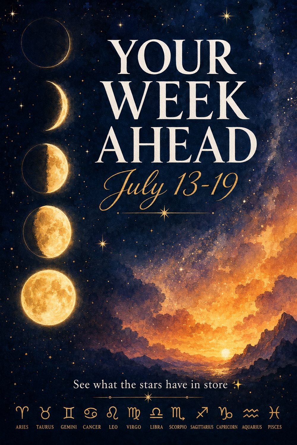 Watercolor moon phase illustration for weekly horoscope